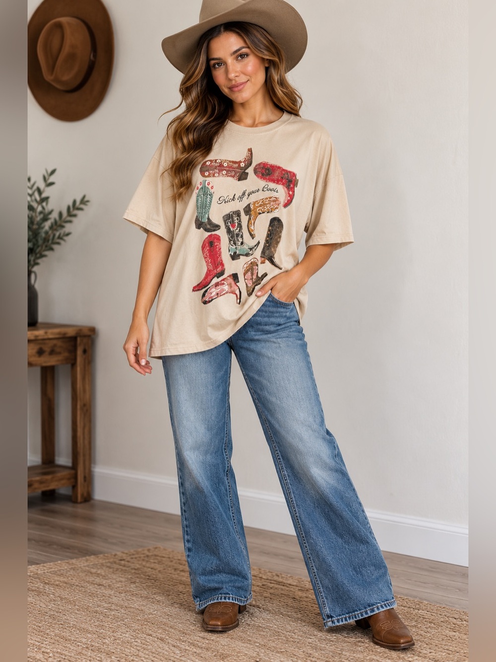 Daydreamer Kick Off Your Boots Oversized Tee Beige & Red